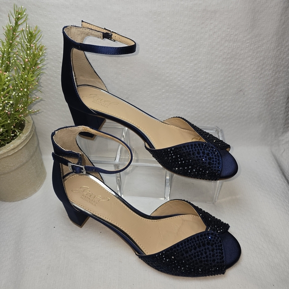 JEWEL BADGLEY MISCHKA NAVY RHINESTONE PEEP TOE ANKLE STRAP BLOCK HEEL 8 - Picture 8 of 15